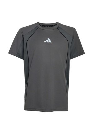 Donkergrijs sportshirt met korte mouwen, subtiele meshpanelen en een klein wit Adidas-logo in het midden van de borst.