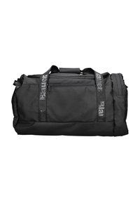 Borsa duffel nera con una texture liscia, dotata di manici doppi, una tasca con zip sul davanti e tracolle con logo ricamato.