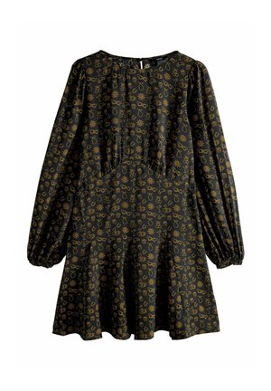 Sort kjole med lange ærmer, opsmøgede manchetter og en udvidet nederdel med et gyldent mønster af fantasifulde former og designs. Lynlås bagpå.