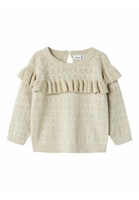 Maglione lavorato a maglia color beige chiaro con un motivo testurizzato, dotato di un davanti arricciato, scollatura rotonda e un piccolo dettaglio a chiave sul retro.