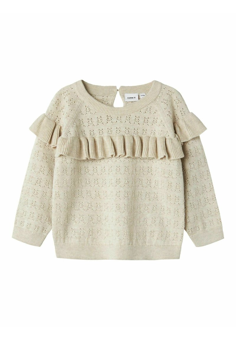 Maglione lavorato a maglia color beige chiaro con un motivo testurizzato, dotato di un davanti arricciato, scollatura rotonda e un piccolo dettaglio a chiave sul retro.