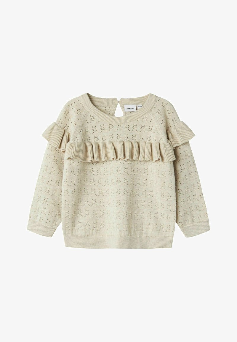 Maglione lavorato a maglia color beige chiaro con un motivo testurizzato, dotato di un davanti arricciato, scollatura rotonda e un piccolo dettaglio a chiave sul retro.