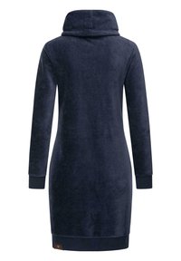 Navy blue, long-sleeved dress made of soft, textured fabric with a high cowl neck and fitted cuffs. Features a branded tag at the hem.