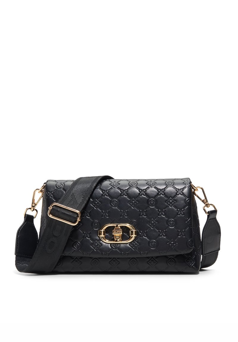 Sac à main en cuir noir avec motif matelassé, quincaillerie dorée et forme structurée. Comprend une bandoulière amovible et un fermoir.