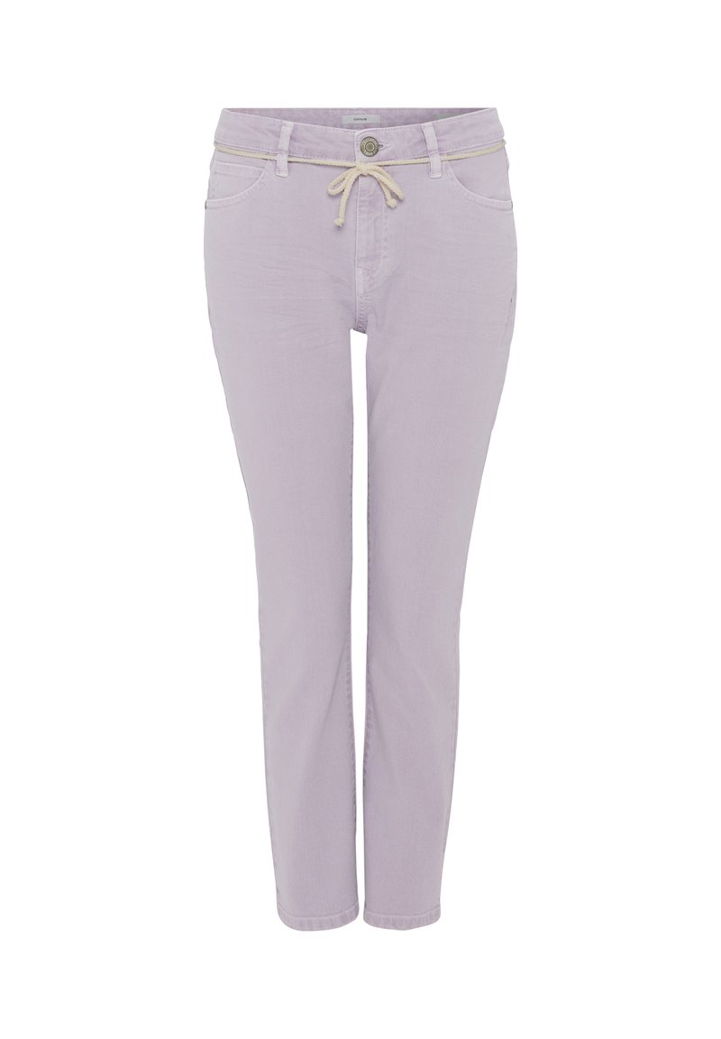 Jeans lilla chiaro in denim, con vita regolabile con cordino, tasche anteriori e una vestibilità slim. Tessuto liscio con dettagli minimi.