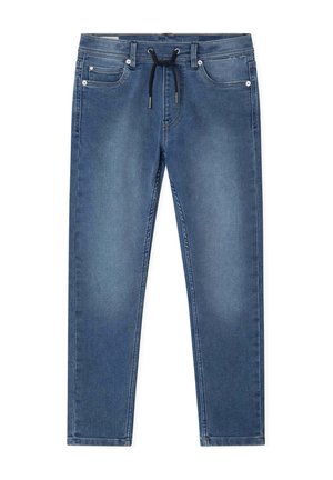Jean en denim bleu avec des zones délavées, cinq poches, passants de ceinture et un cordon noir à la taille, posé à plat sur un fond blanc.