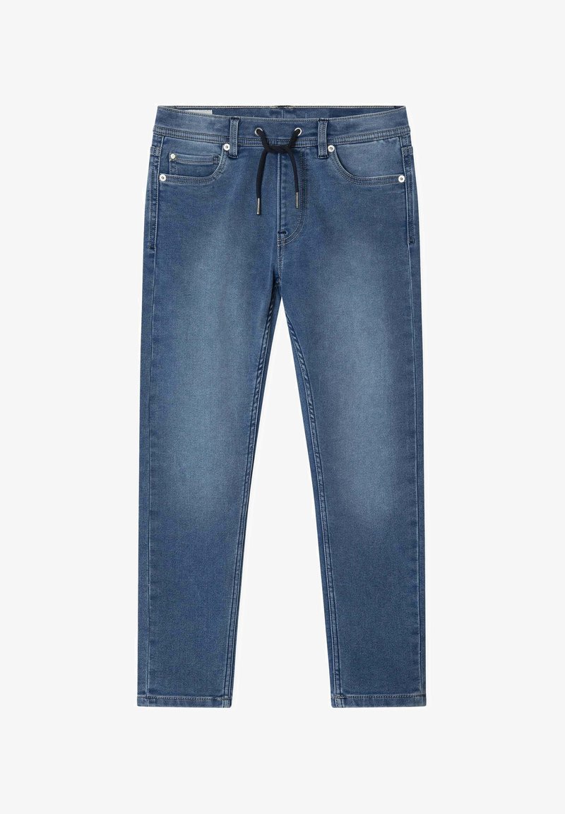 Jean en denim bleu avec des zones délavées, cinq poches, passants de ceinture et un cordon noir à la taille, posé à plat sur un fond blanc.