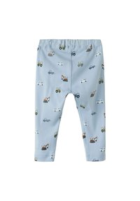 Svijetloplave dječje hlače s elastičnim pojasom, ukrašene malim printovima građevinskih vozila poput bageri, kamioni i traktor.