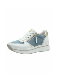 Sneaker bianche con una tomaia in denim e dettagli dorati, suola testurizzata e zip laterale.