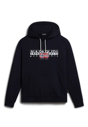 Navy sweatshirt with a hood, featuring a white logo and a Norwegian flag graphic on the chest. It includes a front pocket and ribbed cuffs.