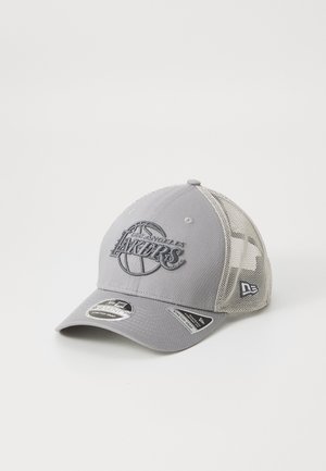 Grey baseball cap with mesh panels, curved visor, and embroidered "Los Angeles Lakers" logo in dark grey on the front.