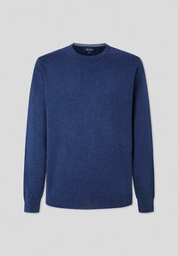 Maglione a maglia blu navy con maniche lunghe e colletto a girocollo a coste; realizzato in materiale morbido con una texture liscia e dettagli minimi.