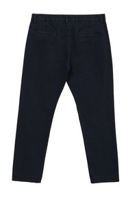 Pantaloni blu scuro con taglio dritto, realizzati in tessuto texturizzato. Presentano due tasche posteriori e una vita con passanti per la cintura.