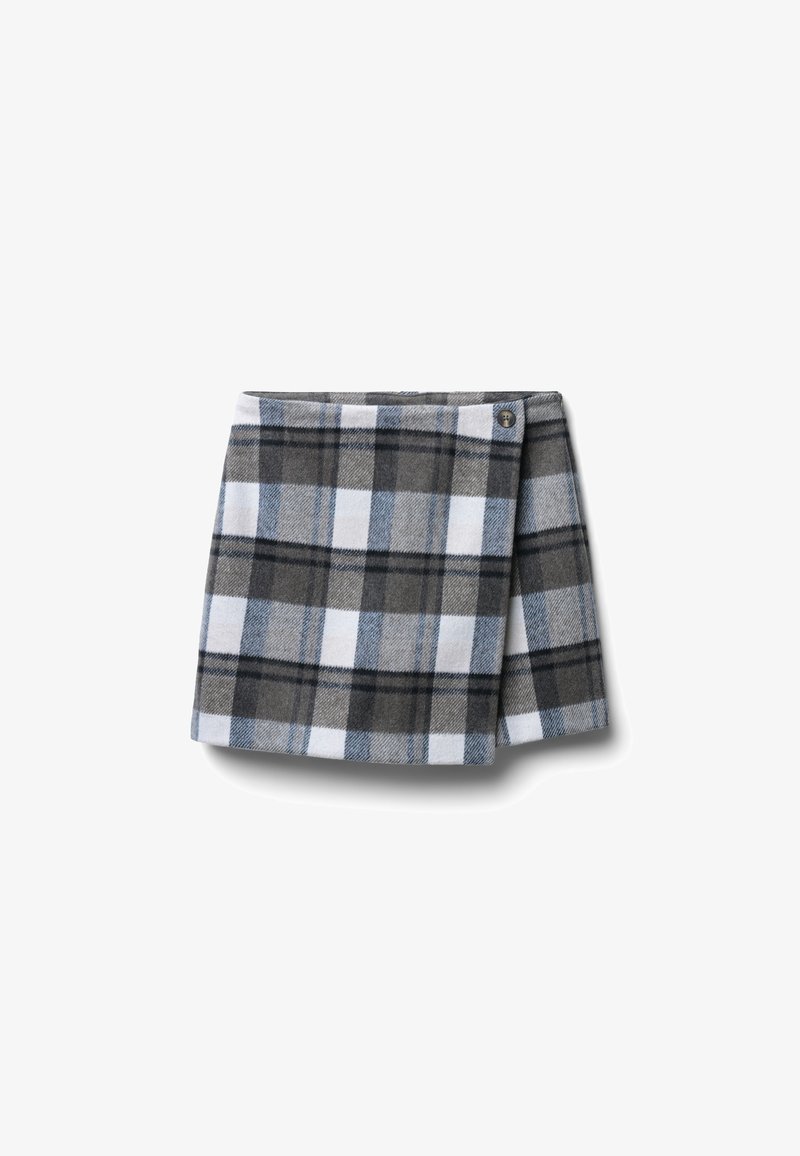 Gonna avvolgente a quadri realizzata in un morbido tessuto nelle tonalità di grigio, bianco e blu, con chiusura a bottone e design svasato.
