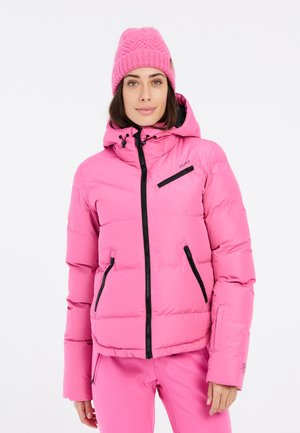 Puffy pink jacket with black zippers, adjustable hood, and side pockets, complemented by a matching pink knit beanie. Smooth texture.