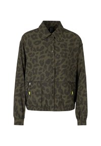 Olive green jacket with black leopard print, featuring a buttoned front, a collar, elastic cuffs, and two zippered pockets.