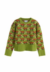 Zöld kötött pulóver, melyet narancssárga rókák all-over mintázata díszít, fehér farkakkal. Kerek nyakkivágású, bordás mandzsettákkal és alsó szegéllyel.