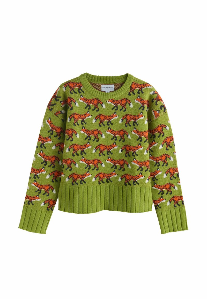 Zöld kötött pulóver, melyet narancssárga rókák all-over mintázata díszít, fehér farkakkal. Kerek nyakkivágású, bordás mandzsettákkal és alsó szegéllyel.