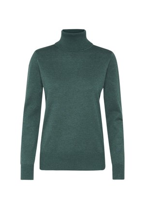 Suéter verde de cuello alto, hecho de tejido de punto, con un cuello y puños acanalados, de corte recto y superficie ligeramente texturizada.