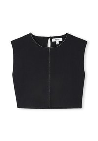Černý top bez rukávů s vysokým výstřihem, který má zip na zadní straně a kontrastní švy podél okraje. Hladká textura.