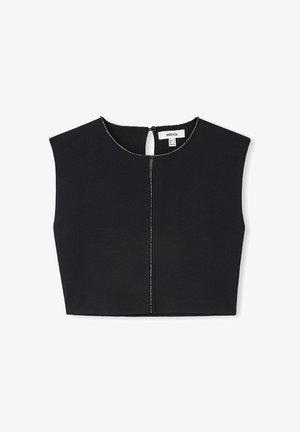 Černý top bez rukávů s vysokým výstřihem, který má zip na zadní straně a kontrastní švy podél okraje. Hladká textura.