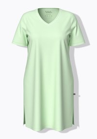 Light green V-neck dress with short sleeves, featuring side slits and a subtle pattern. Made from a soft fabric with a relaxed fit.