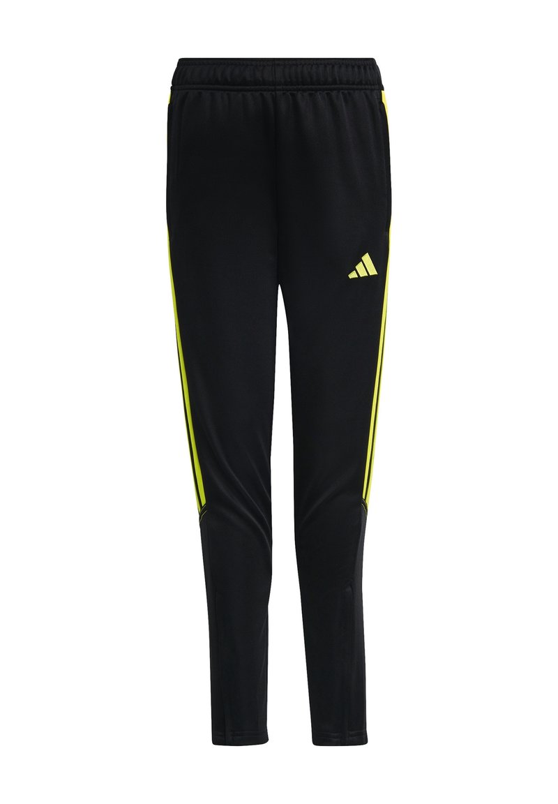 Schwarze Sporthose aus synthetischem Material, mit neongelben seitlichen Streifen und einem gestickten Logo auf der linken Seite.
