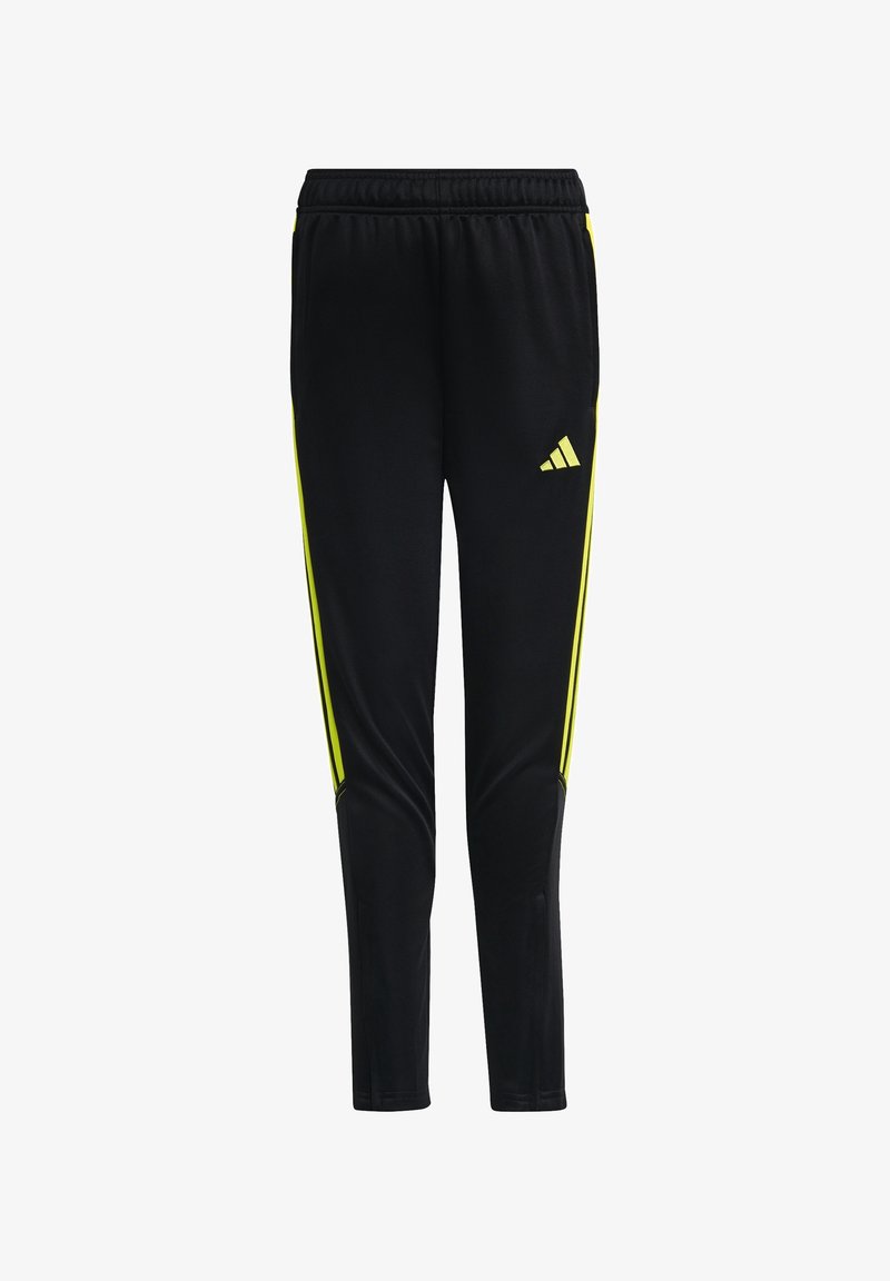 Svarta funktionella byxor gjorda av syntetmaterial, med neongula sidostråkar och en broderad logotyp på vänster sida.