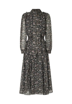 Abito con maniche lunghe e bottoni realizzato in tessuto trasparente nero con un motivo floreale in colori tenui. Presenta una vita smock e una gonna fluida.