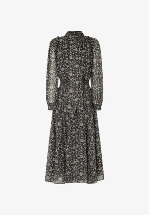 Ilgi piedurkņu, pogājams kleita caurspīdīgā melnā audumā ar ziedu rakstu atturīgās krāsās. Tam ir smocked josta un plūstoša svārku.