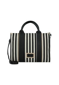 Borsa a strisce con tessuto bianco e nero e dettagli in pelle, finitura testurizzata, doppio manico e tracolla rimovibile.