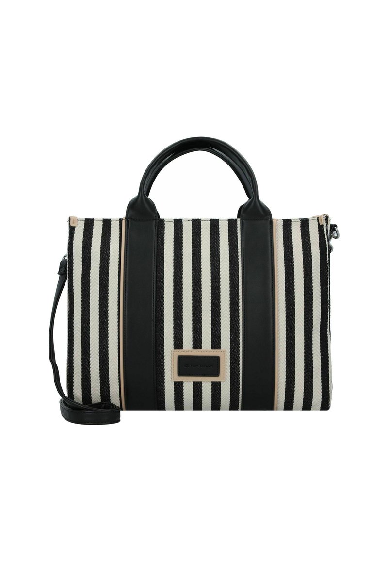 Borsa a strisce con tessuto bianco e nero e dettagli in pelle, finitura testurizzata, doppio manico e tracolla rimovibile.