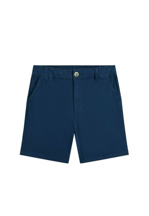 Tumesinised lühikesed püksid, mis on valmistatud siledast kangast, varustatud vööaasade, küljetaskute ja eesnupu sulgemisega. Lihtne disain ilma mustriteta.