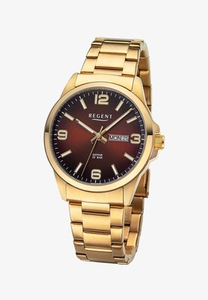 Goldene Armbanduhr aus Metall mit braunem Zifferblatt, goldenen Stundenmarkierungen, Tages-Datumsanzeige, die Montag, den 25. zeigt, und dem Markennamen "Regent" auf dem Zifferblatt.