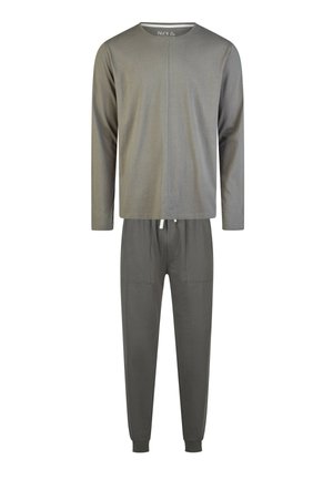 Haut gris à manches longues avec un col rond et des détails cousus, associé à un pantalon de jogging assorti à enfiler avec une taille élastique et des poches.