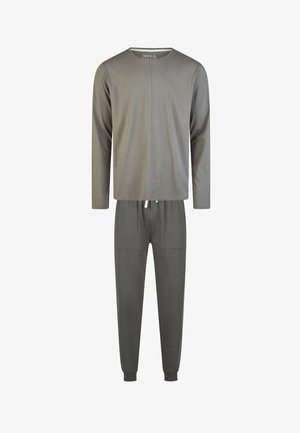 Haut gris à manches longues avec un col rond et des détails cousus, associé à un pantalon de jogging assorti à enfiler avec une taille élastique et des poches.