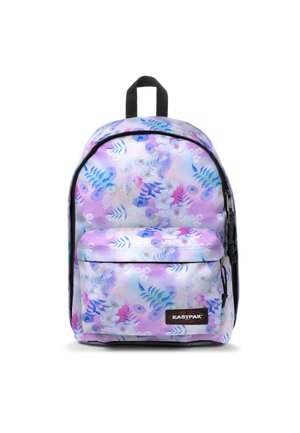 Blumenmuster-Rucksack in Lila- und Blautönen mit einer vorderen Reißverschlusstasche, verstellbaren Trägern und einem oberen Griff.