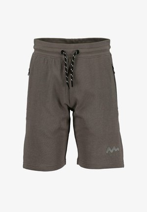 Shorts gris fabriqués en tissu doux, avec une taille élastique dotée d'un cordon de serrage noir et blanc, des poches latérales et un détail de logo.