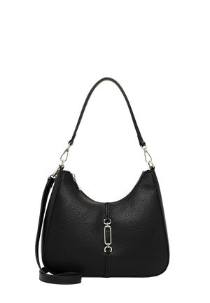 Borsa a tracolla in pelle nera testurizzata con ferrature argento e due tracolle staccabili, una corta e una lunga.