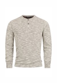 Maglia henley a maniche lunghe grigio chiaro con motivo a texture, tre bottoni al collo e polsini aderenti. Tessuto morbido con un design discreto.