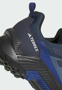 Blå och svart sportskor med överdel i nät, ribbad svart gummisula och 'Terrex'-logotyp. Har bakkappa för enkel påtagning.