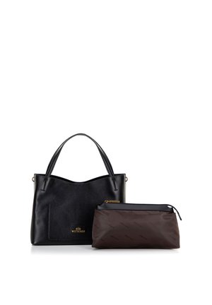 Black leather tote with textured finish and a gold logo, accompanied by a brown zippered pouch with a subtle logo pattern.