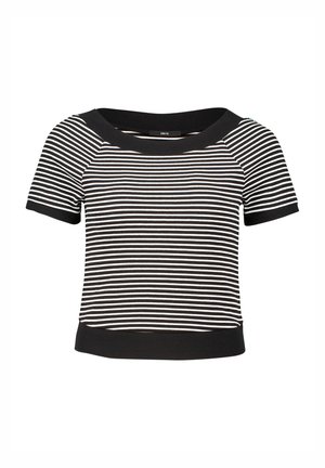 Black and white striped short-sleeve top with a wide neckline and black ribbed trim at sleeves and hem. Made from a soft, stretchy fabric.