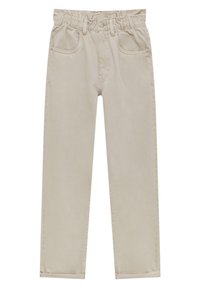 Pantalon beige taille haute avec ceinture élastique, poches avant, fermeture par bouton et zip, jambes droites et revers roulés.