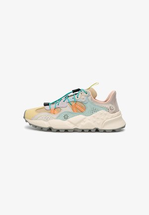Multicolor outdoor sneaker with beige, mint green, and orange accents, rugged sole, turquoise quick-lace system, and cushioned collar.