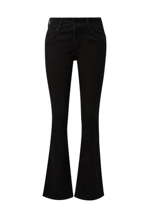 Zwarte flared jeans van denim. Kenmerken zijn een mid-rise taille, riemlussen, voor- en achterzakken, en een gladde textuur.