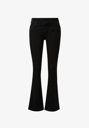 Zwarte flared jeans van denim. Kenmerken zijn een mid-rise taille, riemlussen, voor- en achterzakken, en een gladde textuur.