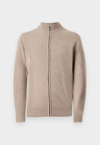 Bežna zip-up jopica z visokim ovratnikom, rebrastimi manžetami in robom. Narejena iz mehkega pletenega materiala s subtilno teksturo.