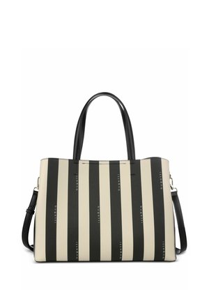 Sac à main rectangulaire rayé verticalement noir et beige avec deux poignées et une bandoulière ajustable.