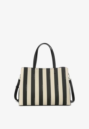 Sac à main rectangulaire rayé verticalement noir et beige avec deux poignées et une bandoulière ajustable.